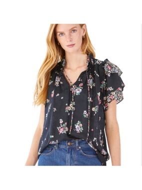 Women’s Black Floral Ruffle Tie-Neck Top